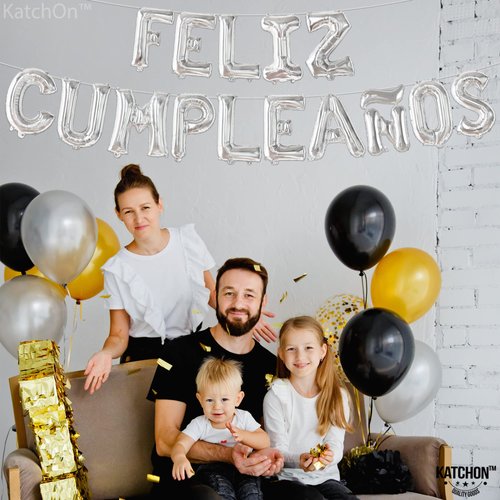 KatchOn, Silver Feliz Cumpleanos Balloons Banner - 16 Inch | Silver Feliz Cumpleanos Banner for Feliz Cumpleanos Decorations | Mylar Happy Birthday Balloons Letters for Spanish Birthday Decoration