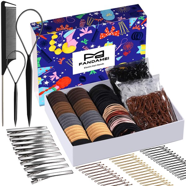 FANDAMEI Elastic Hair Ties Kit, Hair Accessories for Women with Elastic Hair Bands, Black Hair Ties, Cotton Hair Tie, Rubber Hair Bands, Hair Pins, Tie Hair Tools, Rat Tail Comb, Hair Ties Kit