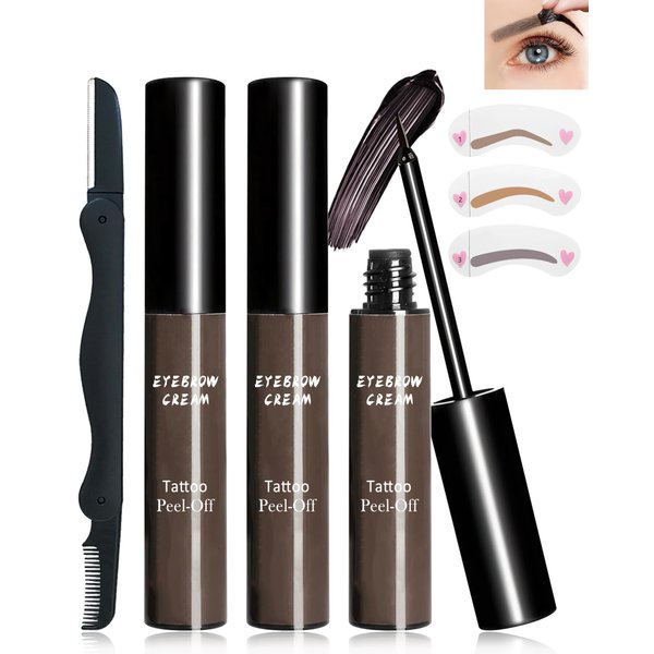 2Pcs Peel Off Tattoo Eyebrow Gel Set-Gray Eyebrow Tattoo Peel Off Tinted Brow Gel for Older Women, Waterproof Eyebrow Tattoos Gel Last Up to 3 Days, Peeling Eye Brow Gel with Brow Stencils & Razor-03