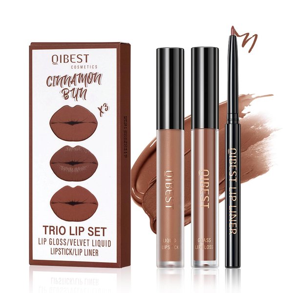 QIUFSSE 3 in 1 Brown Lip Gloss and Lip Liner Lipstick Set Nude Lip Liner Set Long-lasting Nonstick Cup Lip Kit Moisturizing Lip Set for Women (05# Whiskey Honey)