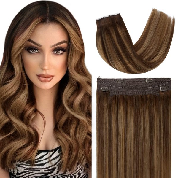 Anrosa Balayage Wire Hair Extensions Chocolate Brown to Caramel Blonde Fish Line Hair Extensions Real Human Hair 12 Inch 70g Remy Human Straight Hair Extensions with Removable Clips for Women