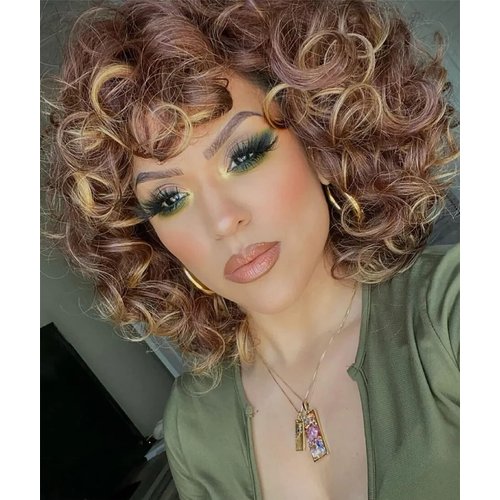 ELIM Curly Wigs for Black Women Short Kinky Curly Brown Mixed Blonde Wigs for Women Big Curly Afro Soft Wig with Bangs Heat Resistant Natural Cute Synthetic Wig with Accessories Z014MD