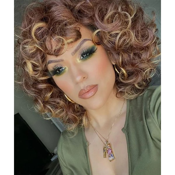 ELIM Curly Wigs for Black Women Short Kinky Curly Brown Mixed Blonde Wigs for Women Big Curly Afro Soft Wig with Bangs Heat Resistant Natural Cute Synthetic Wig with Accessories Z014MD