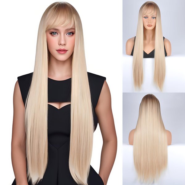 Vieuinaux 75cm/30inch Long Ombre Blonde Straight Hair Wigs with Bangs for Women,Synthetic Hair Hair Replacement Wig Cosplay Costume Halloween Wig Brown Root