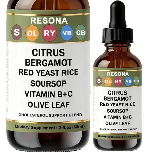 RESONA Red Yeast Rice Drops - Cholesterol Support Blend with Citrus, Bergamot, Red Yeast Rice, Soursop, Olive Leaf, Vitamin B+C, Natural, Non-GMO, Vegan, Dietary Supplement, 2 fl. oz. (60ml)