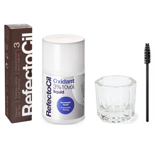 RefectoCil Natural Brown (#3) Hair Tinting Kit Includes Cream Hair Dye + Liquid Oxidant 3% + Mixing Brush & Mixing Dish