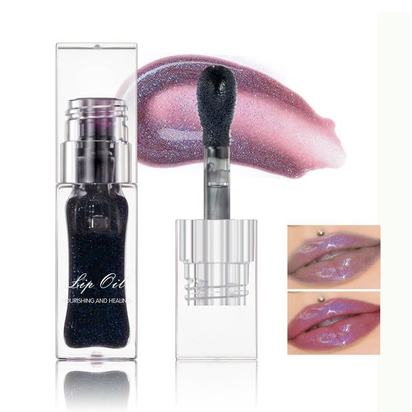 Panarciss Black Color Changing Lip Oil, Temperature Change Glitter Lip Gloss, Moisturizing Plumping Lip Oil, Light Texture Non Sticky Lip Tint Oil for Lip Care (#05 Pearly Black)