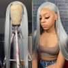 QMSSR 13X6 Lace Front Wig Long Straight Grey Synthetic Lace Front Wigs for Black Women Pre Placked Natural Hairline Heat Resistant Fiber Hair Lace Wig 24inch