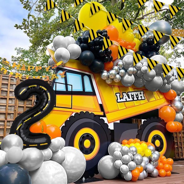 136pcs Construction Birthday Party Balloon Garland Kit, Digger Birthday Party Supplies with Yellow Black Balloon Truck Banner for Construction Quarantine Party Decorations (Arch 2)