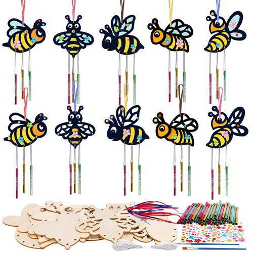 Fennoral 10 Pack Bee Wind Chime Kit for Kids Make You Own Honey Bee Wind Chimes Ornaments DIY Coloring Wooden Art and Craft for Spring Christmas Art Activities Birthday Party Decorations