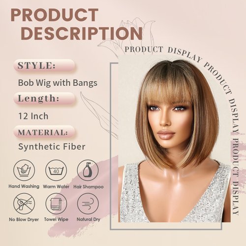 NAYOO Brown Mix Blonde Wig with Bangs, 12 Inch Highlight Blonde Brown Bob Wig for Women, Natural Looking Short Bob Wig with Bangs, Straight Wig for beginner, Cosplay Wig for Daily and Halloween