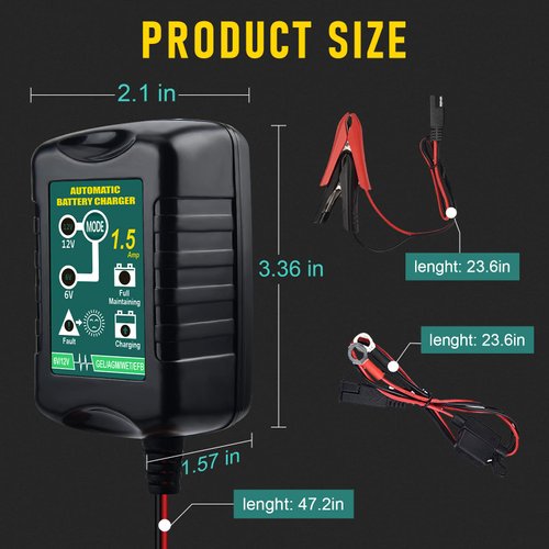 Battery Charger Automatic 6V 12V 1.5A, Trickle Charger Suitable for AGM Gel SLA VRLA Flood Lead-Acid Batteries, Starting Batteries for Auto Car Motorcycle, Dual Voltage Output Detection and Repair