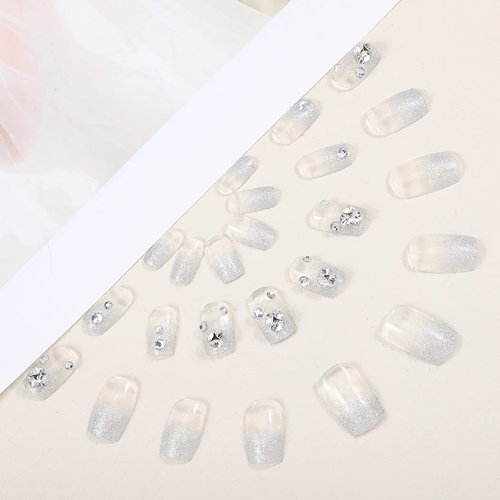 Auwoyss Crystal Press on Nails Square Fake 3D Rhinestone False Medium Length Glitter Sparkle Luxury Full Cover Acrylic Nails Tips Gel Fancy Stick on Nails Bride Art Gel Artificial Wedding