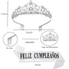 Feliz Cumpleaños Sash&Rhinestone Crystal Tiara,Spanish Happy Birthday banner, Mexican Party Decorations for Women.(Sliver)