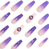 LPOODDNU Press on Nails Long Purple Fake Nails 3D Flower Acrylic Nails Extra Long Nails Press ons Glossy Glue on Nails with Flame Flower Pattern Cute Stick on Nails for Women Finger Manicure 24Pcs