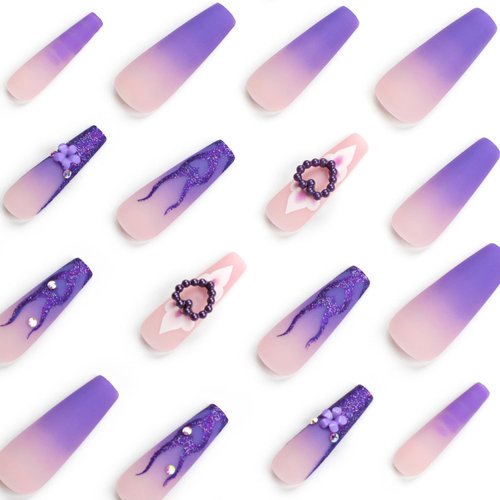 LPOODDNU Press on Nails Long Purple Fake Nails 3D Flower Acrylic Nails Extra Long Nails Press ons Glossy Glue on Nails with Flame Flower Pattern Cute Stick on Nails for Women Finger Manicure 24Pcs