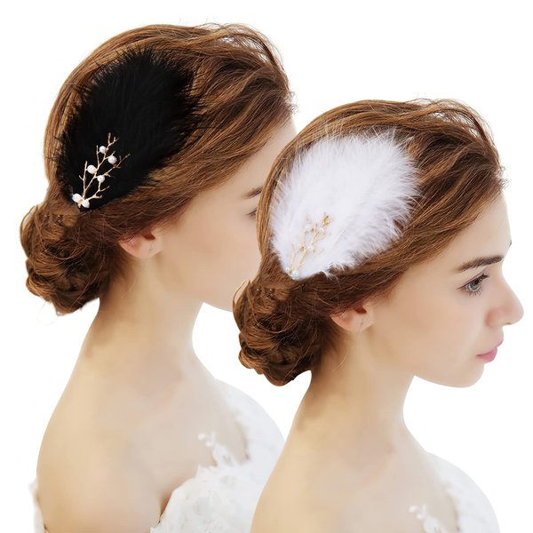 MWOOT 4Pcs Feather Fascinators Hair Clip, Handmade Feather Headpiece Pearl Hair Clip, Elegant Barrettes Headpiece for Women and Girls, Party Hairpins Hair Accessory-White and Black