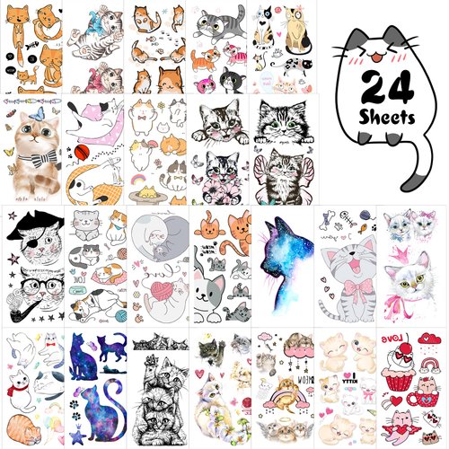 Cat Temporary Tattoos For Kids, Konsait Cute Cat Fake Tattoos Birthday Party Favors Waterproof Tattoos For Boys Girls Cat Party Favors Birthday Party Decoration Supplies Gift Bag Fillers, 24 Sheets