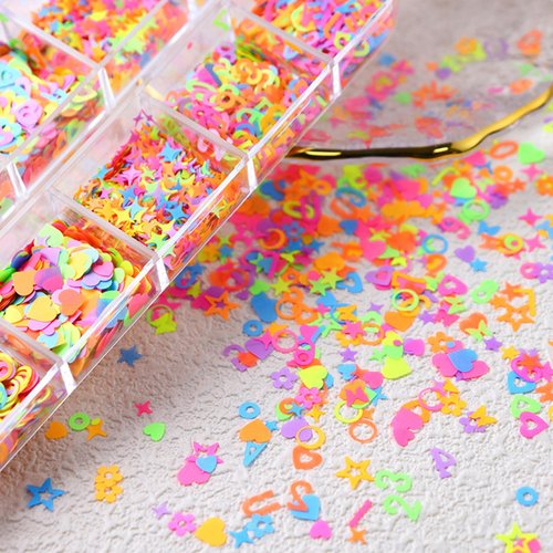 12 Grids Colorful Heart Nail Art Glitter Sequins 3D Holographic Mixed Pack Butterfly Star Letter Designs Glitter Flakes Acrylic Nail Supplies for Women Girls Manicure Decorations Accessories Set