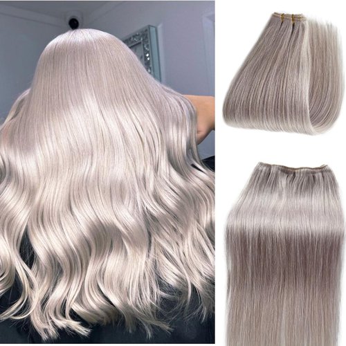 Platinum Sew in Hair Extensions Real Human Hair for Women,Platinum Sliver Color Weft Hair Extensions Human Hair Bundles Hand Tied Weft Hair Extensions Soft Straight Real Human Hair Extensions