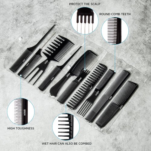 KISS Colors & Care Carbon Fiber Rat Tail Comb For Hair Sectioning, Teasing, Style Prepping, Detangling, Grooming - Anti Static & Heat Resistant, Professional Quality Black