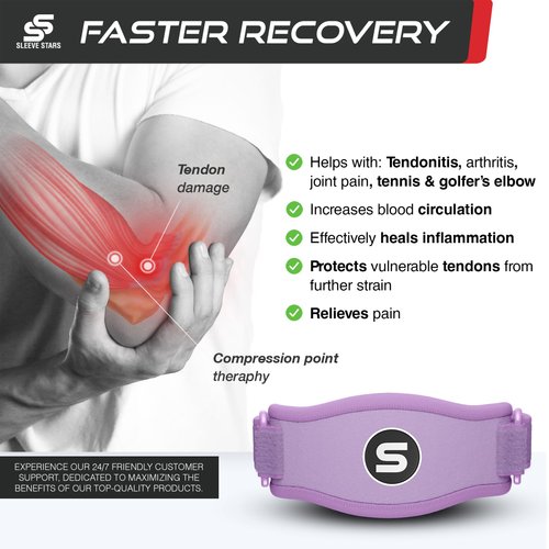 Sleeve Stars Tennis Elbow Brace for Men & Women, Tendonitis Elbow Brace & Strap Golfers Elbow Brace Counterforce Band for Tendon Pain Relief & Support for Forearm w/ 3 Straps Fits 9-23" (Pair/Light Purple)