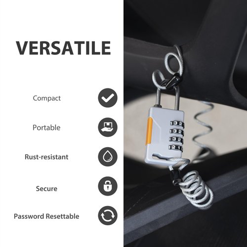 UP Security 4 Digit Combination Padlock with Retractable Cable (36in), Ski Lock, Combo Cable Lock for Snowboard, Travel Luggage, Suitcase, Bike, Gym Locker, Cabinet, Fridge, Refrigerator Door (Gray)
