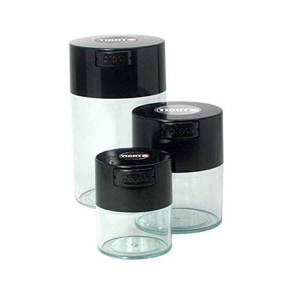 Tightvac Set of 3 - Patented Airtight Container | Multi-use Vacuum Container Works as Smell Proof Containers for Herbs and Dry Goods. Black Caps and Clear Bodies