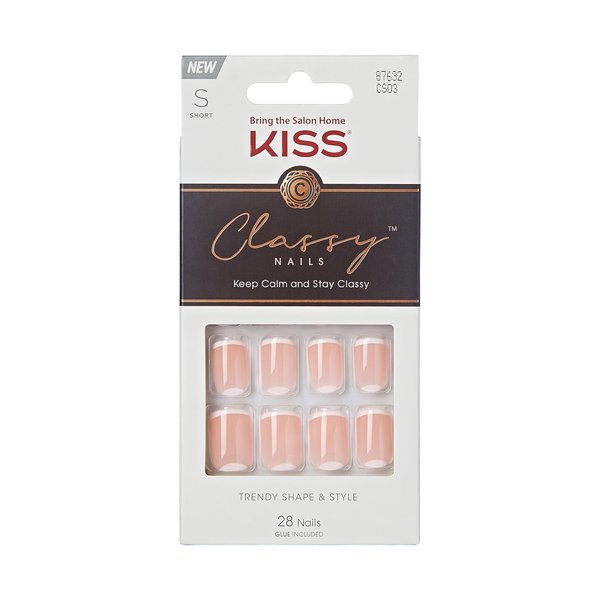 KISS Classy Press On Nails, Simple Enough', Nude, Short Size, Squoval Shape, Includes 28 Fake Nails, 2g Pink Gel Nail Glue, Manicure Stick, Mini file