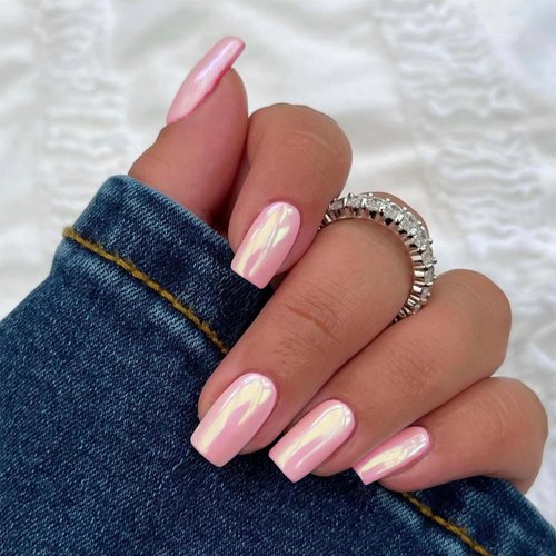 Coconut Pink Chrome Square Press on Nails Short Medium,SXVME Metallic Fake Nails Acrylic Nails Press ons,Mirror Metal Chrome Nails Glue on Nails Medium,Short Coffin Nails False Nails in 24 PCS