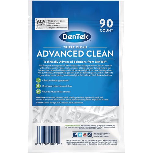 DenTek Triple Clean Advanced Clean Floss Picks, No Break & No Shred Floss, 90 Count, (Pack of 1)
