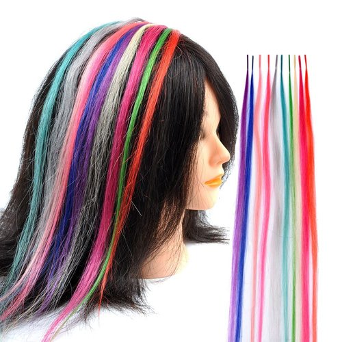 Vieuinaux 10 Strands/lot Colored I Tip Human Hair Extension For Women Girls Feather Hair Extensions With Micro Beads And Pulling Needle And Pliers (20INCH, Mixed colors)