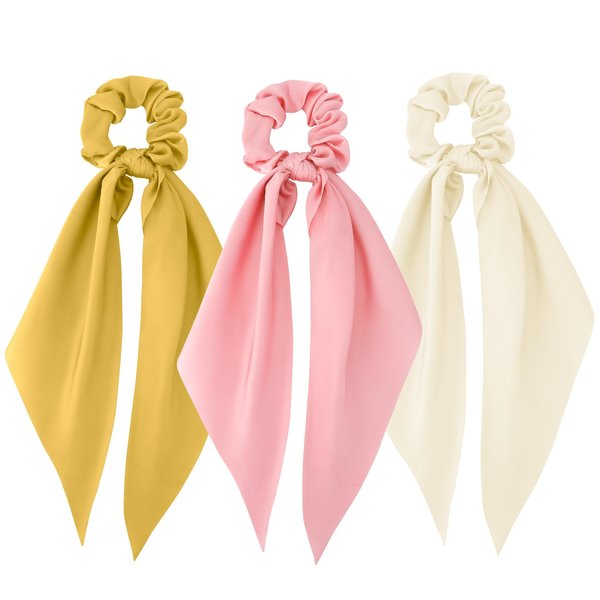 3Pcs Scrunchies for Women,Hair Bows for Girls,Satin Scrunchies,Silk Scrunchies,Hair Scrunchies for Women's Hair,Knotted Ribbon Hair Ties,Cute Hair Ties,Hair Scarf Scrunchies（Pink Yellow Beige）