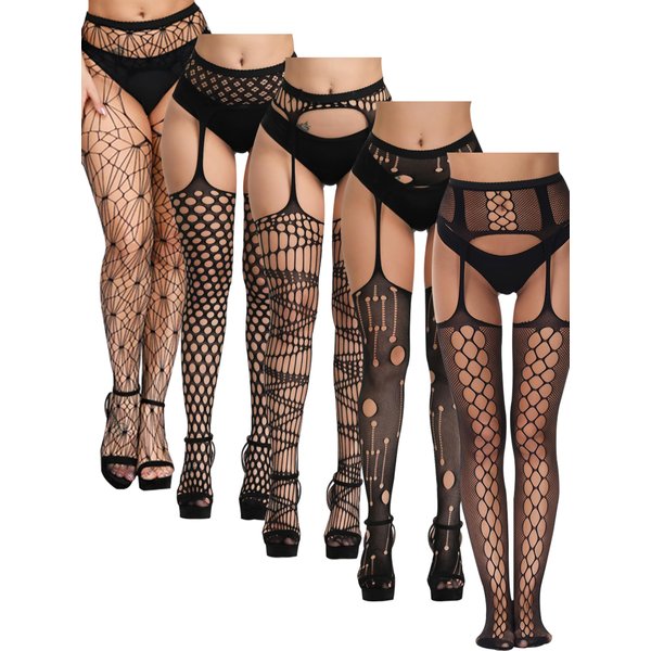 SOUTHRO 5 Pairs Black Fishnet Thigh High Garter Stockings Fish Net Tights for Women - Garter Belts Set & Suspender Pantyhose for Women
