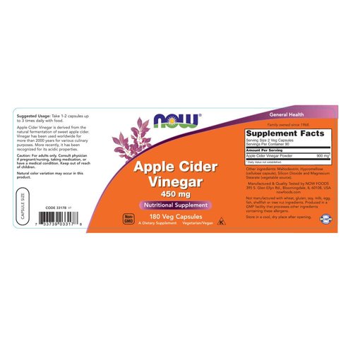 NOW Supplements, Apple Cider Vinegar 450 mg, Derived from Fermentation of Sweet Apple Cider, 180 Veg Capsules