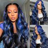 BLG Blue Lace Front Wigs Human Hair 180% Density Highlight Human Hair Wigs for Women Colored Human Hair Lace Front Wigs Glueless Wigs Human Hair Pre Plucked Skunk Stripe Wigs (20 Inch,Highlight Blue)
