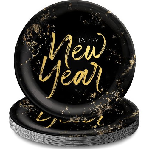 Amscan Cheers For The New Year Black & Gold Round Paper Plates (10") 20 Pcs - Durable & Eco-Friendly Disposable Plates, Perfect for Festive Occasions