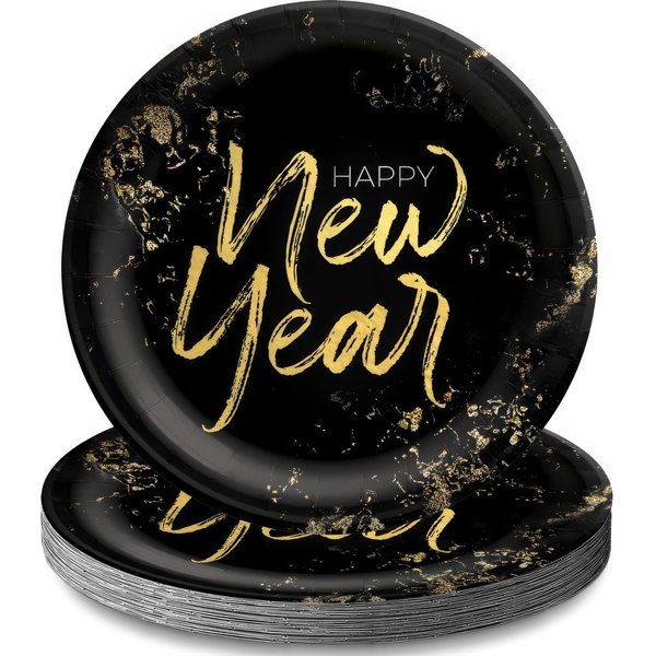 Amscan Cheers For The New Year Black & Gold Round Paper Plates (10") 20 Pcs - Durable & Eco-Friendly Disposable Plates, Perfect for Festive Occasions