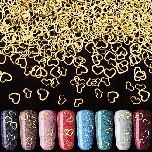 PAGOW 2000pcs Heart Nail Art Decals, Metal Love Charm Nail Art Stickers Studs DIY Nail Decoration Manicure Accessories for Women Girls(5/6mm) -Gold