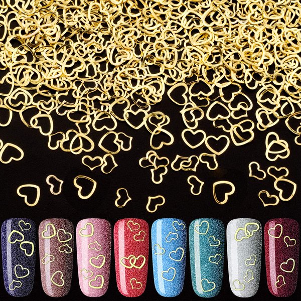 PAGOW 2000pcs Heart Nail Art Decals, Metal Love Charm Nail Art Stickers Studs DIY Nail Decoration Manicure Accessories for Women Girls(5/6mm) -Gold