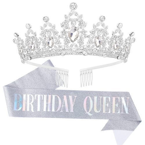 "BIRTHDAY QUEEN" Sash and Tiara for Women Crystal Tiara and Satin Kit for Girl Rhinestones Crown with Comb Glitter Hair Accessories for Prom Party Decoration Cake Topper Accessory Set with Pin (Silver Tiara and Silver Sash Set)