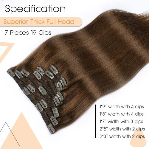 VINBAO Clip in Human Hair Extensions Chocolate Brown Clip in Hair Extensions Brown For Women 16in 7pcs 140g Dark Brown Human Hair Extensions Human Hair Clip in Extensions (#HC4,16'')