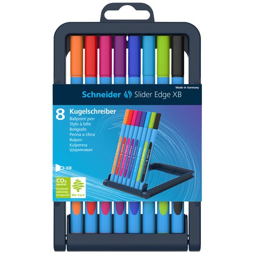 Schneider Slider Edge XB (Extra Broad) Ballpoint Pen, 1.4 mm, Light Blue Barrel, Assorted Ink Colors, Adjustable Case Stand of 8 Pens (152279)