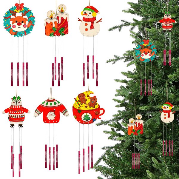 GWAHSA 6 Pack Christmas Wind Chime Kit, Wooden Art Craft Supplies Painting Kit for Kids Christmas Crafts Gifts Party Favors Stocking Stuffers for Boys Girls Ages 4-8 8-12 Xmas Tree Hanging Ornaments
