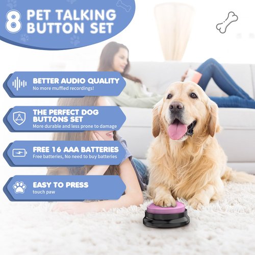 DCIAER Dog Buttons for Communication, 8 PCS Dog Talking Button Set,30s Recordable Voice Pet Buzzer Training Buttons，with Training Manual Book+16 AAA Batteries + 24 Scene Modes + 1 Dog Button Mat