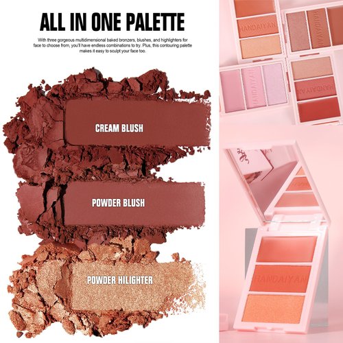 DLZZRS 3D Cosmetics Powder Blush Palette, 3 Blush Shades, Multi-Use Makeup Powder Contour Pressed Powder Long-Lasting Pigment Cheekbones Contouring Luminous Blush Blendable Natural Matte Finish(03#)