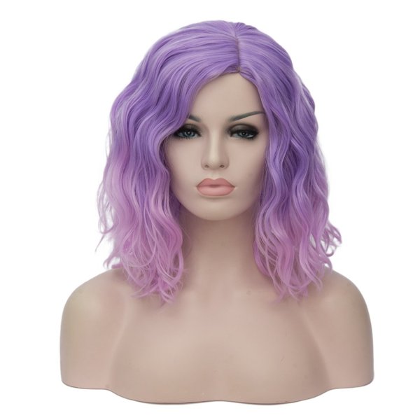 BUFASHION 14" Women Short Pink Purple Bob Wavy Glue Less Synthetic Hair Wig 46 Colors Available（Pink Purple）