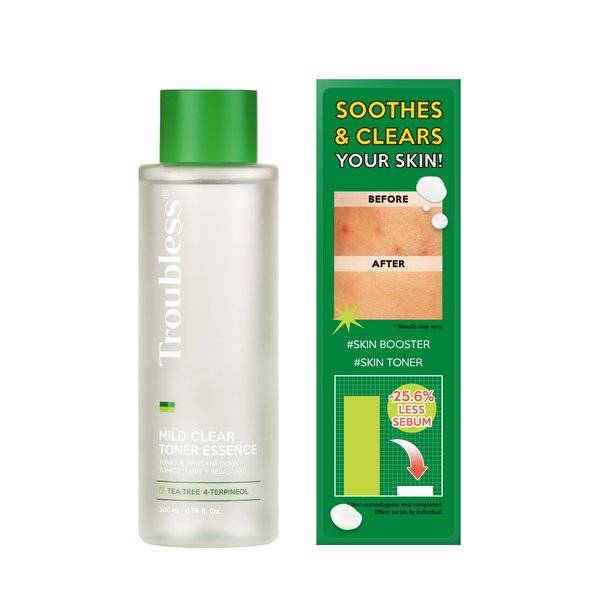 Troubless Mild Clear Toner Essence - Skin Moisturizing & Soothing Toner for Face, Tea Tree Facial Toner for All Skin Types | Hydrating Skin Toner, Daily Skin Care (6.76 fl oz)