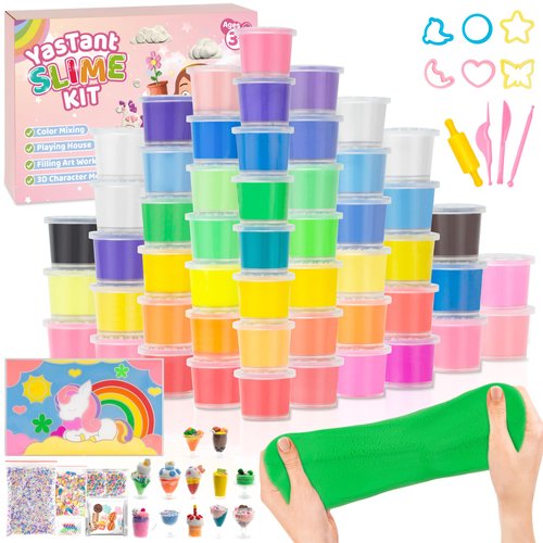 YasTant 56 Pack Butter Slime Kit for Girls and Boys Ages 3-12, Non Sticky Kids Slime Kits 3-12, Small Slime Party Favors with Charms, Cutters, and 4 Creative Playing Modes