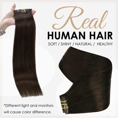 Full Shine Clip in Hair Extensions Human Hair 8 Pcs Brown Hair Clip in Extensions Pu Seamless Clip in Real Hair Extensions Double Weft Silky Straight Natural Hair 120 Grams 14 Inch